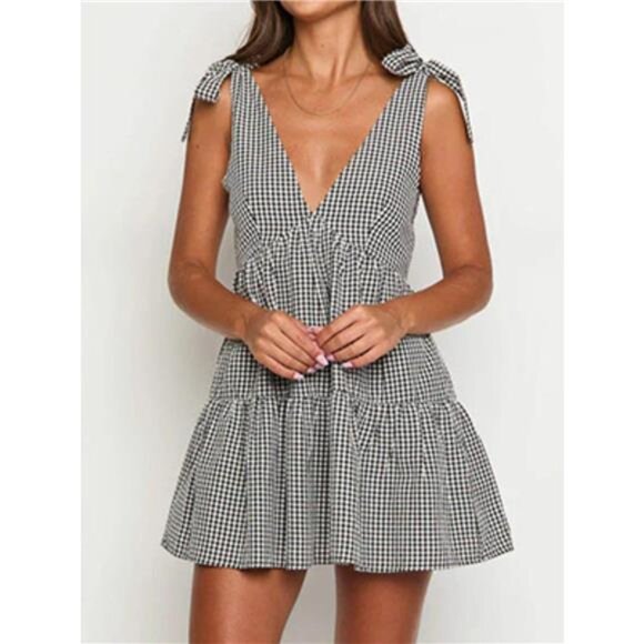 Gingham Tie Shoulder Mini Dress - Picture 7 of 7